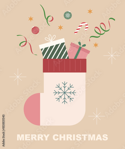 Christmas illustration  template with christmas stockings and gift boxes.