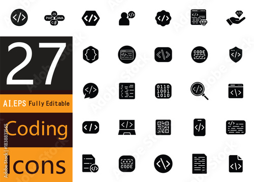 A detailed icon collection that highlights key developer concepts including code, tools, software functions, and system components
