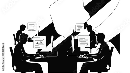 Silhouettes of people working on computers in modern office setting