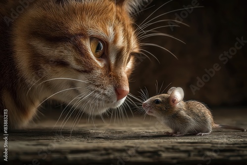 Un gato atigrado observa fijamente a un ratón en una superficie de madera.
