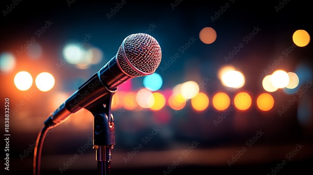 Obraz premium A silver microphone stands ready on stage illuminated by blurred lights