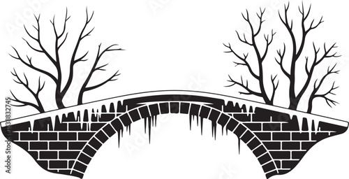 Black and white arched stone bridge with bare trees and icicles