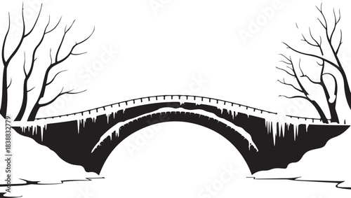 Black and white arched bridge with icicles and bare trees