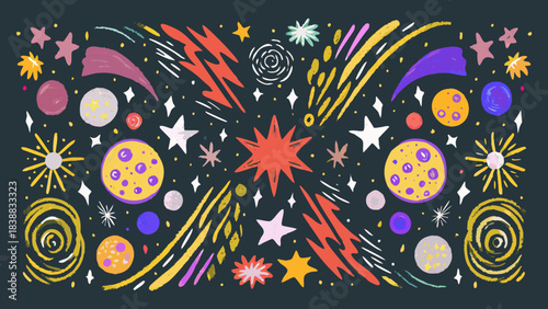 Colorful illustration of a cosmic scene with planets stars and bursts of energy