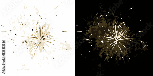 A split image depicting a sparkling firework explosion in contrasting tones