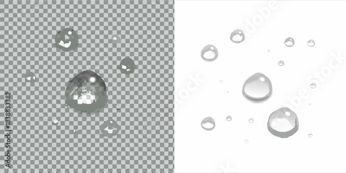 Clear water droplets on transparent and white backgrounds showcasing liquid form