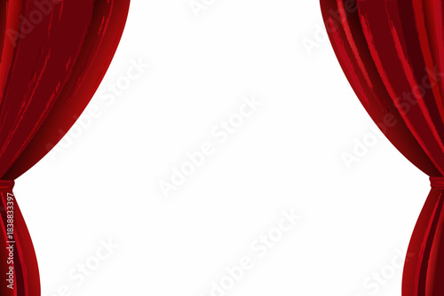 Elegant red curtains drawn open revealing a bright empty stage backdrop