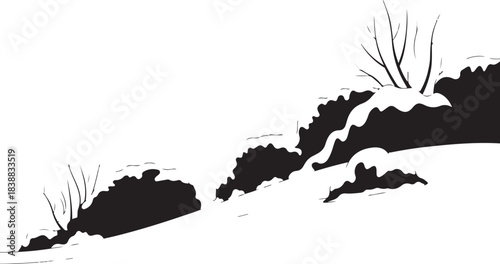 Black and white winter landscape with snow covered bushes and trees