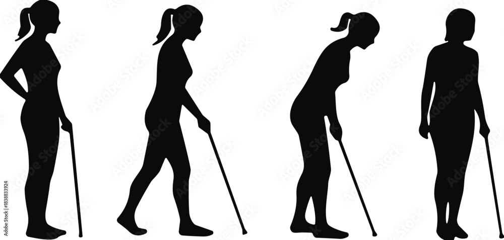 Obraz premium Mobility support silhouette collection showing people walking with canes, disability aid poses, rehabilitation walking figures, healthcare mobility icons and support illustrations