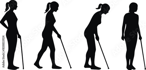Mobility support silhouette collection showing people walking with canes, disability aid poses, rehabilitation walking figures, healthcare mobility icons and support illustrations