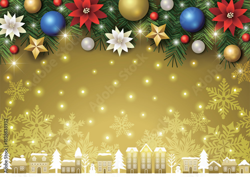 クリスマス背景、街並み、玉飾り、金、キラキラ、かわいい、イラスト、横