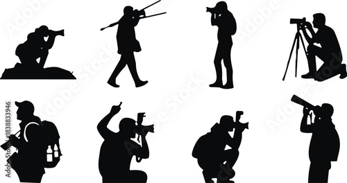 Photographer silhouette vector collection featuring camera poses, tripod shooting, action photography stances, outdoor photographer icons and creative photographer figure illustrations