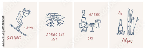 Hand drawn retro apres ski posters set
