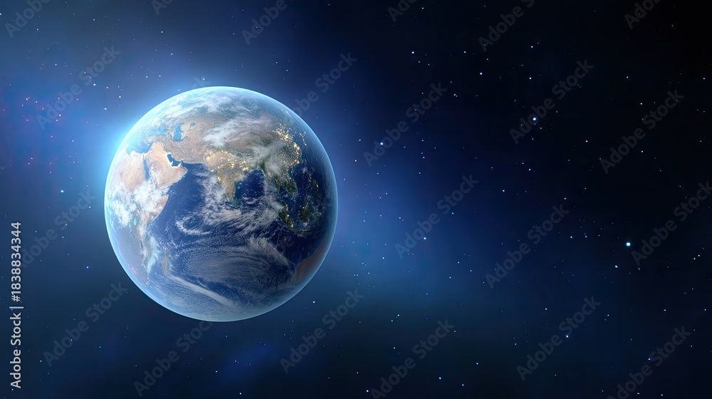 Fototapeta premium Stunning View of Earth from Space with Stars and Cosmic Background, Capturing the Beauty of Our Planet in the Vastness of the Universe