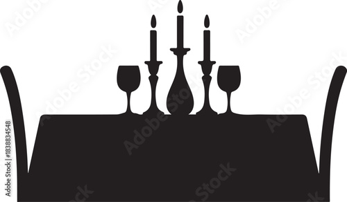 Black silhouette of a table setting with candles and wine glasses