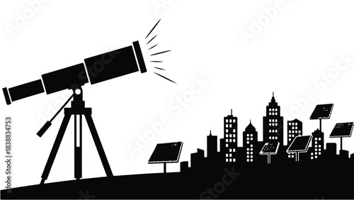 Silhouette of telescope on tripod overlooking city skyline with solar panels