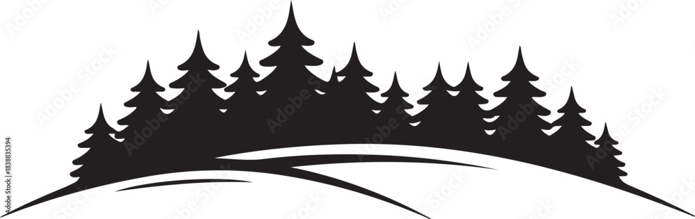 Obraz premium Black silhouette of evergreen trees on a snowy hill