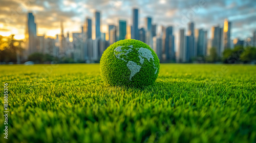 A green ball in the shape of the planet Earth, covered with grass, against the backdrop of a modern city with high-rise buildings. For topics related to ecology, green technologies.