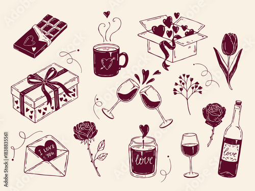 Vector monochrome silhouette set for Valentines Day: chocolate, tea mug, gift boxes, ribbons, wine, glasses, love letter, rose, tulip, candle, all with hearts. Ideal for cards and prints