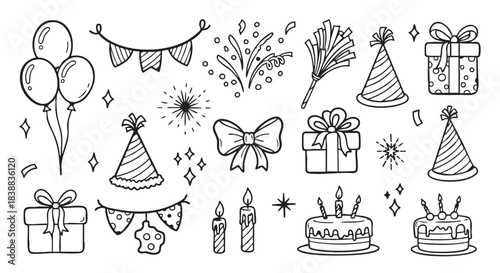 Black and white birthday party seamless pattern with gifts balloons flags