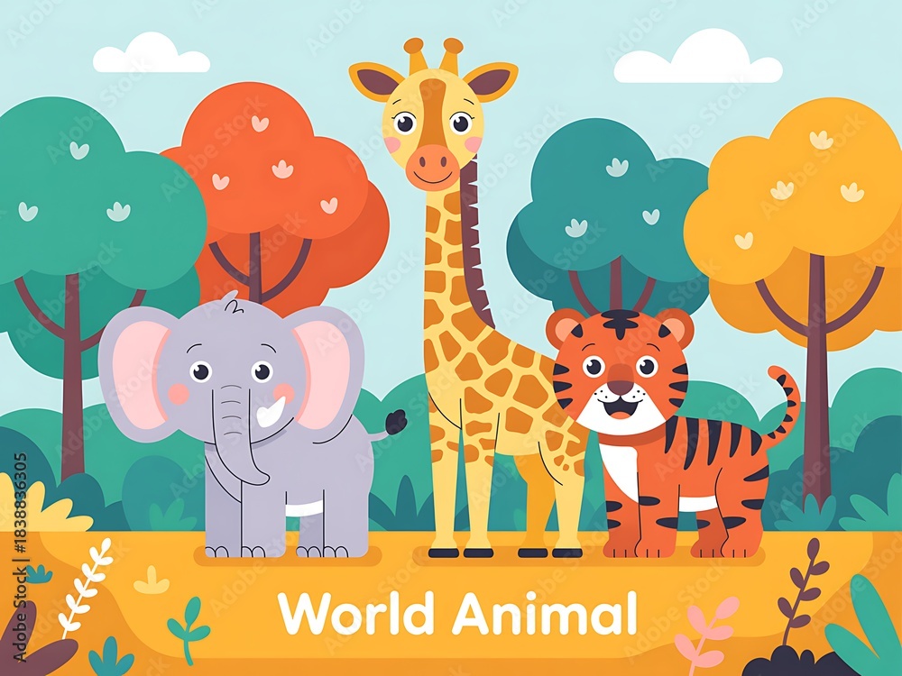 Naklejka premium Cute cartoon illustration of elephant, giraffe, and tiger standing in a colorful forest setting for world animal awareness celebration