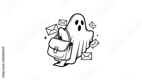 Cute ghost character surrounded by flying envelopes and carrying a handbag