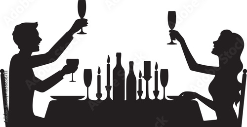 Couple toasting champagne at dinner table with candles