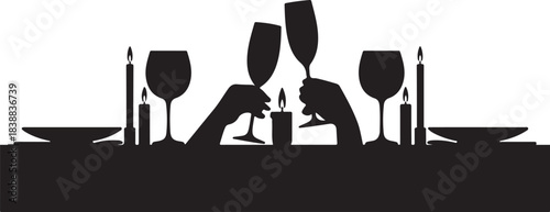 Couple toasting champagne glasses at candlelit dinner table silhouette