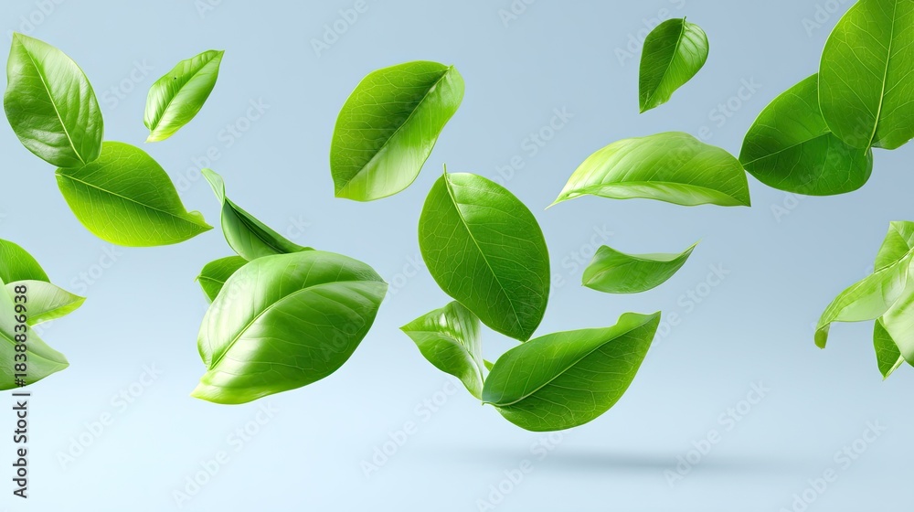 Naklejka premium Vibrant Green Leaves Floating Against a Soft Blue Background Capturing the Essence of Nature and Freshness in a Minimalist Style
