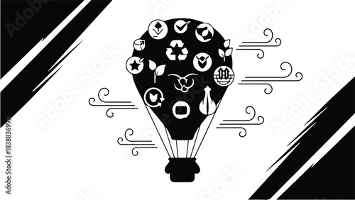 Eco friendly hot air balloon with sustainability icons