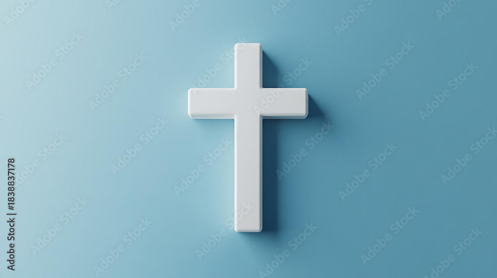 Fototapeta premium A clean, serene image features a minimalist white cross centered against a soft blue backdrop. Its simple form and calming color create a sense of peace and reverence.