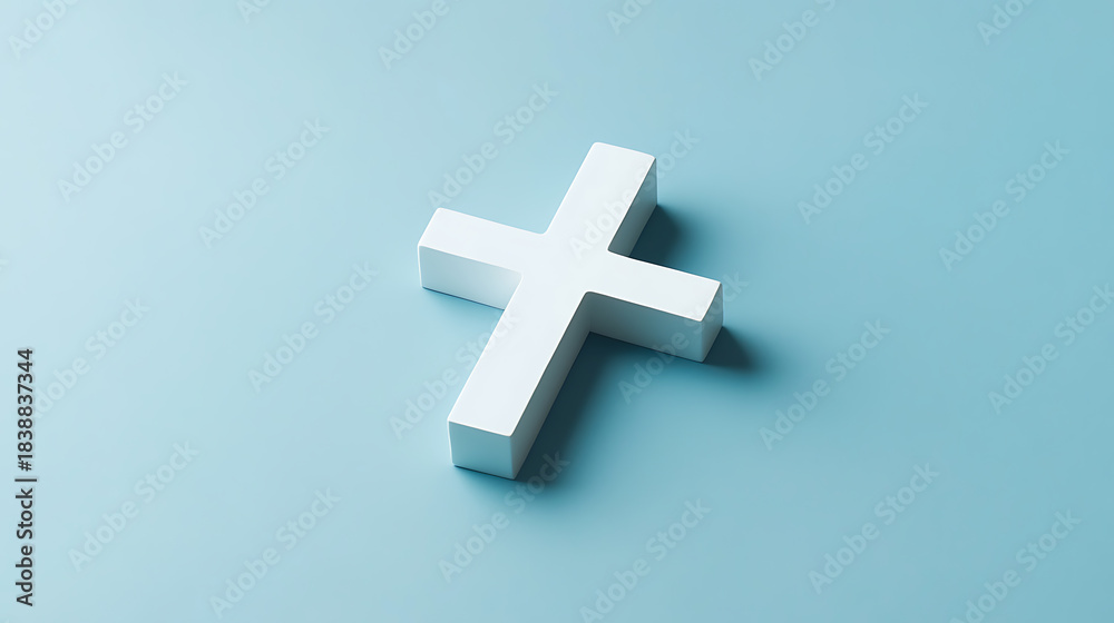 Obraz premium Minimalist image of a white cross on a serene blue background, symbolizing faith and simplicity. The clean lines and calming colors evoke peace and reflection.