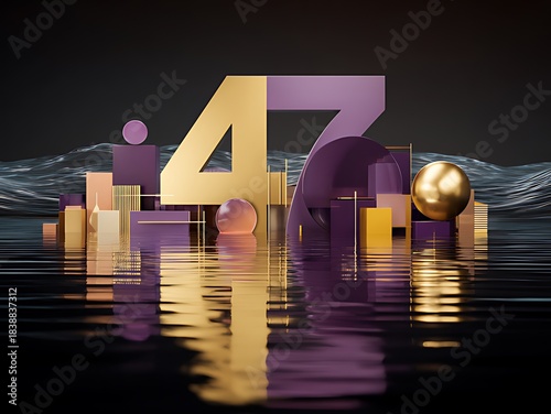 Abstract geometric composition featuring a prominent golden number 47 with reflections