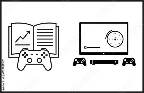 Open book with graph and game controllers next to gaming console silhouette