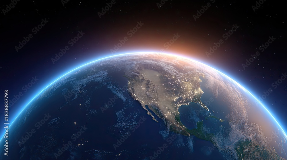 Fototapeta premium Stunning View of Planet Earth with Illuminated Cities at Night and a Glowing Atmosphere Captured from Space with Starry Background