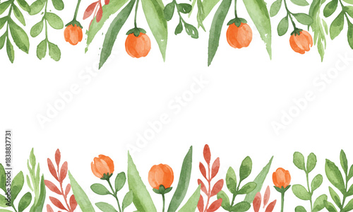 Captivating Watercolor Botanical Frame with Lush Green Leaves and Delicate Orange Berries, a Versatile Design Element for Nature-Inspired Projects, Invitations, and Seasonal Greetings.