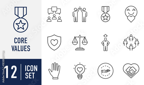 Core Values line icons set. related icon teamwork, integrity, communication, quality, fairness, growth, empathy outline symbols collection. Vector