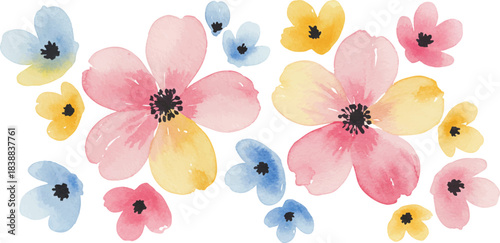 Delicate watercolor floral illustration featuring a vibrant array of pastel pink, soft yellow, and serene blue flowers, perfect for elegant design projects and spring-themed creative assets.