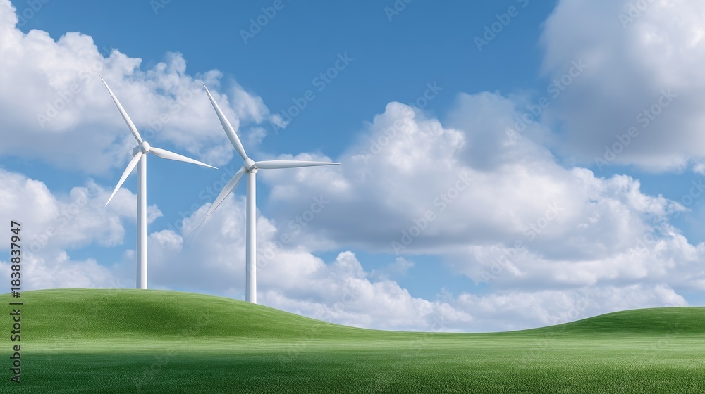 Fototapeta premium Two White Wind Turbines on Green Hills Under Bright Blue Sky with Fluffy Clouds and Sunlight Shining Through for Renewable Energy Concept