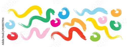 Collection of vibrant abstract brush strokes and colorful hand drawn paint circles. bold curved brush strokes, dots and geometric shapes symbol. vector illustration.