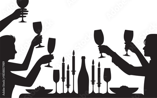 Silhouettes of people toasting with wine glasses at a candlelit dinner