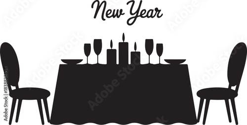 Two chairs at a table with candles and glasses black silhouette