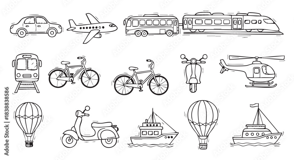 Obraz premium Diverse transportation doodle set featuring various vehicles and travel options