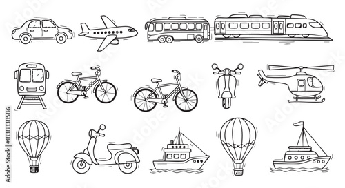 Diverse transportation doodle set featuring various vehicles and travel options