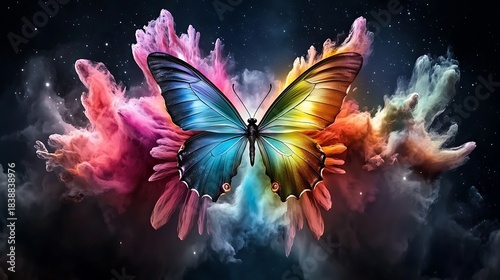 Vibrant butterfly in cosmic colors fantasy landscape digital art ethereal environment close-up view transformation concept