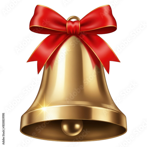 Golden Christmas Bell with Red Ribbon Bow on Black Background for Holiday Decorations