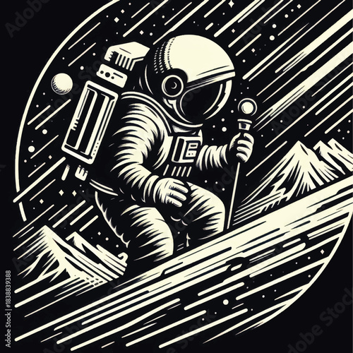 Astronaut exploring a celestial body with a staff in a space suit.