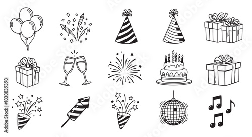 Festive Celebration Icons with Balloons Confetti Presents Fireworks and Champagne Glasses
