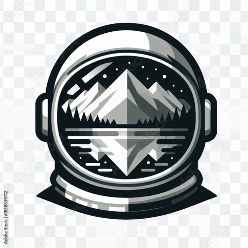 Astronaut Helmet Reflecting Mountain Landscape A Fusion of Space and Nature.