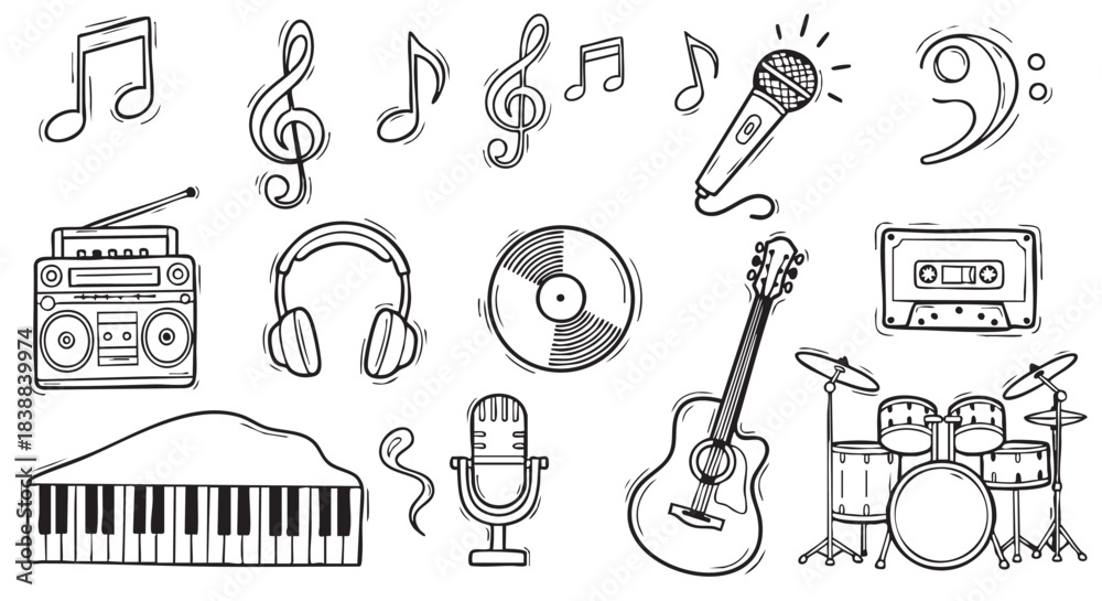 Obraz premium Hand drawn music doodles set with musical instruments illustration black and white